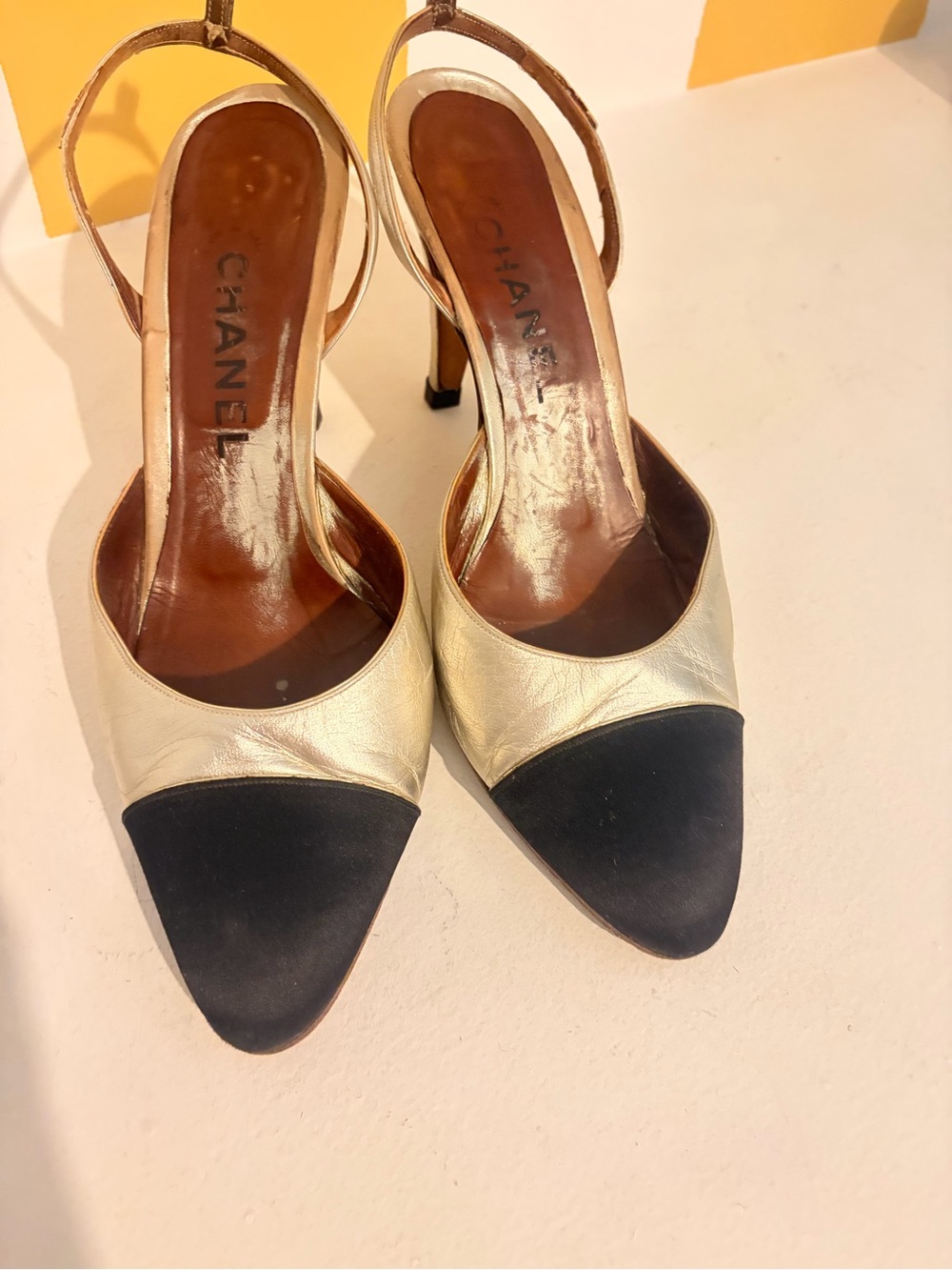 CHANEL Gold Leather Slingback Pumps with Black Cap Toe - Picture 6 of 6